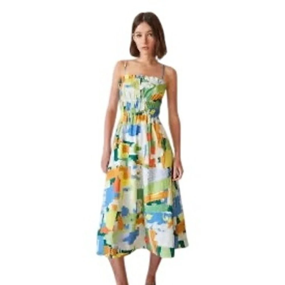 Stradivarius Abstract Paint-Print Smocked Midi Sundress –‎ Size Small - Picture 2 of 8
